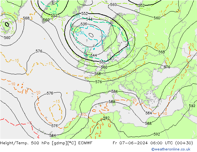 Z500/Rain (+SLP)/Z850 ECMWF vie 07.06.2024 06 UTC