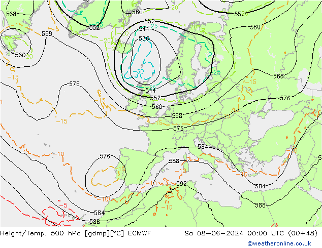 Z500/Rain (+SLP)/Z850 ECMWF сб 08.06.2024 00 UTC