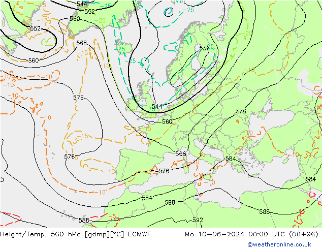 Z500/Rain (+SLP)/Z850 ECMWF lun 10.06.2024 00 UTC