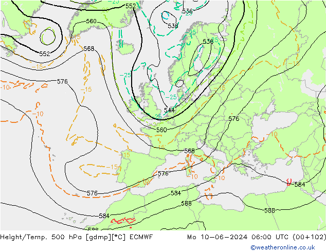 Z500/Rain (+SLP)/Z850 ECMWF Mo 10.06.2024 06 UTC