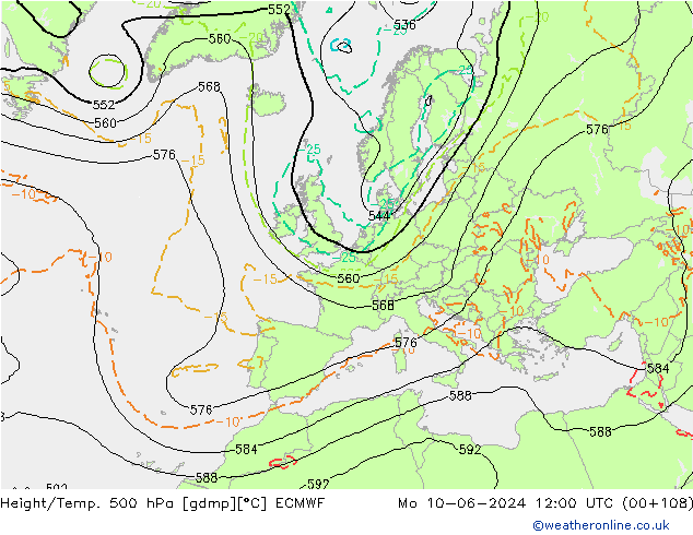 Z500/Rain (+SLP)/Z850 ECMWF Po 10.06.2024 12 UTC