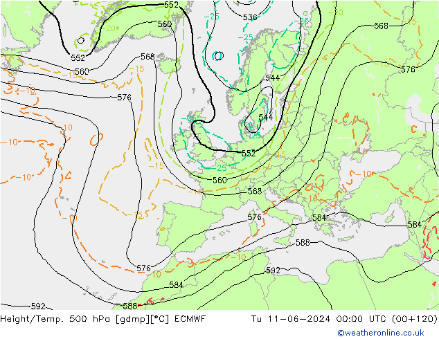 Z500/Rain (+SLP)/Z850 ECMWF Út 11.06.2024 00 UTC