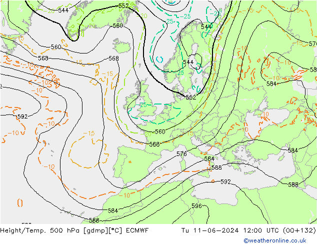 Z500/Rain (+SLP)/Z850 ECMWF Ter 11.06.2024 12 UTC