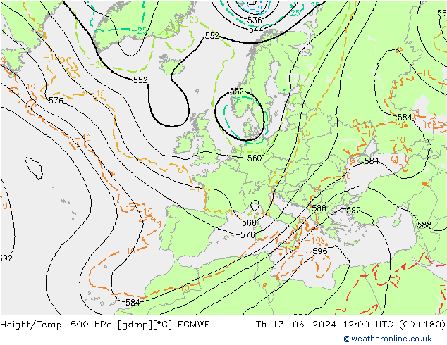 Height/Temp. 500 hPa ECMWF Th 13.06.2024 12 UTC