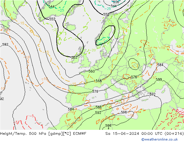 Z500/Rain (+SLP)/Z850 ECMWF Sáb 15.06.2024 00 UTC