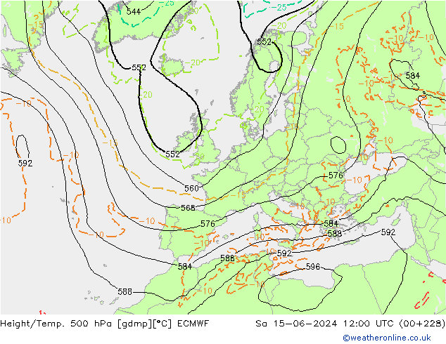 Height/Temp. 500 hPa ECMWF Sa 15.06.2024 12 UTC