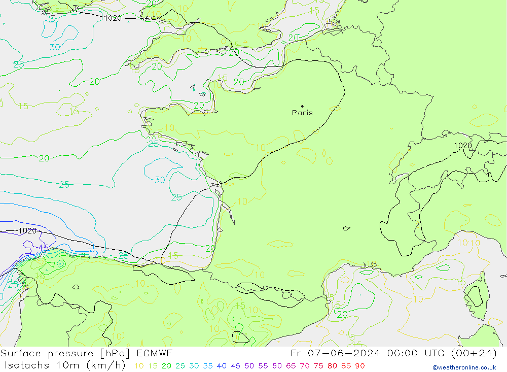 Isotachs (kph) ECMWF Fr 07.06.2024 00 UTC