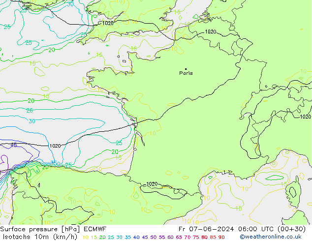 Isotachen (km/h) ECMWF Fr 07.06.2024 06 UTC