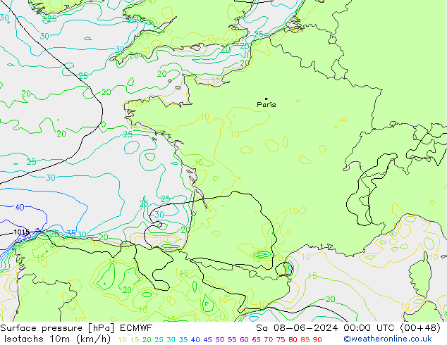 Eşrüzgar Hızları (km/sa) ECMWF Cts 08.06.2024 00 UTC