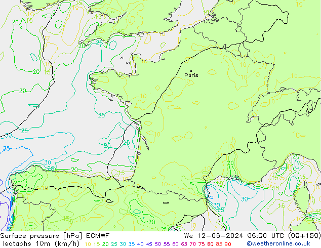 Isotachs (kph) ECMWF Qua 12.06.2024 06 UTC