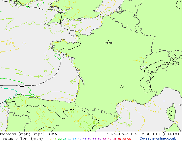 Isotachen (mph) ECMWF Do 06.06.2024 18 UTC