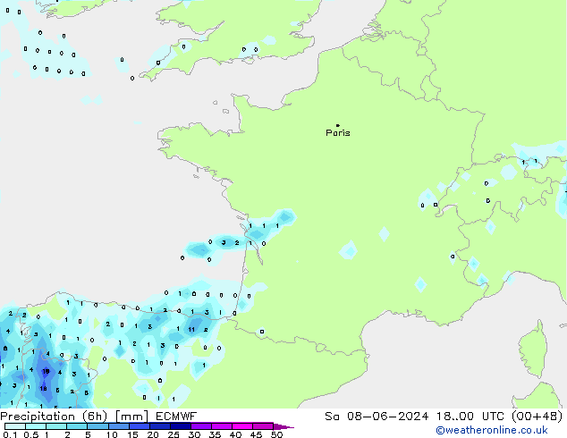 Precipitación (6h) ECMWF sáb 08.06.2024 00 UTC