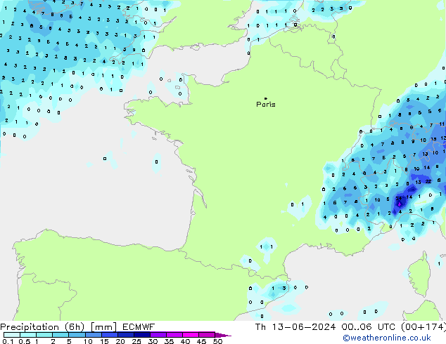 Precipitation (6h) ECMWF Th 13.06.2024 06 UTC