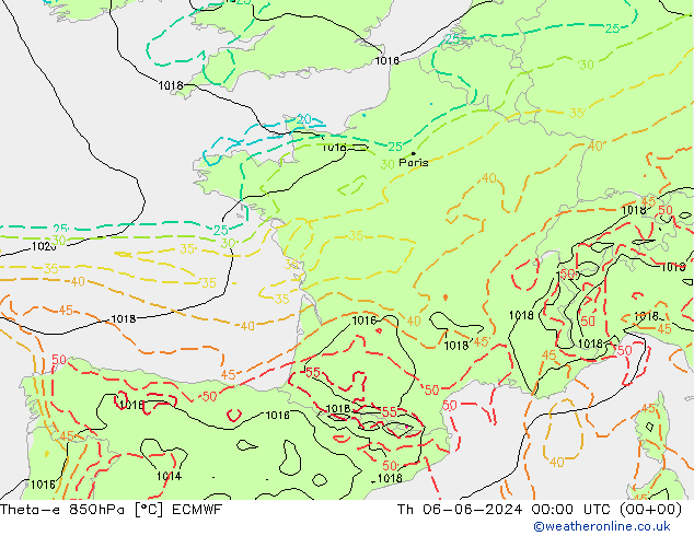 Theta-e 850hPa ECMWF Do 06.06.2024 00 UTC