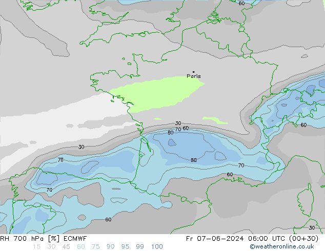 Humidité rel. 700 hPa ECMWF ven 07.06.2024 06 UTC