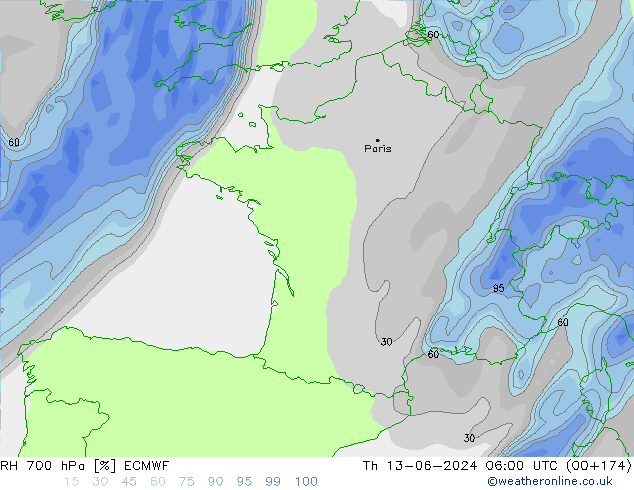 Humedad rel. 700hPa ECMWF jue 13.06.2024 06 UTC