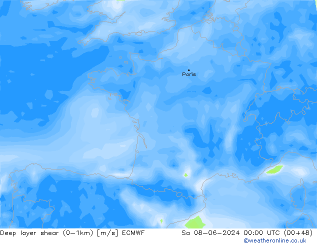 Deep layer shear (0-1km) ECMWF sáb 08.06.2024 00 UTC