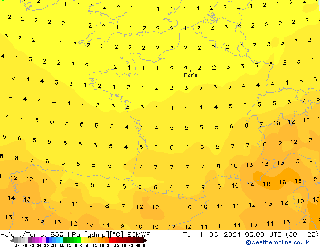 Hoogte/Temp. 850 hPa ECMWF di 11.06.2024 00 UTC