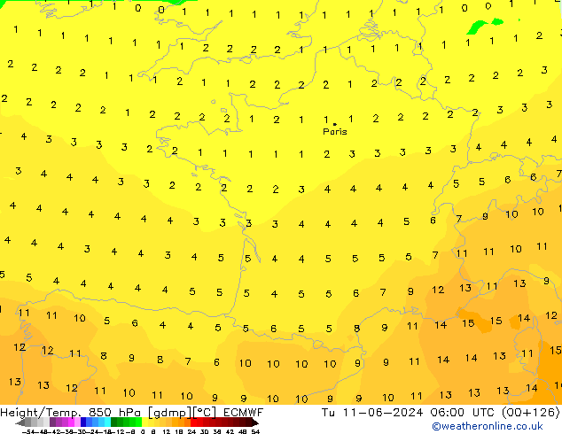 Hoogte/Temp. 850 hPa ECMWF di 11.06.2024 06 UTC