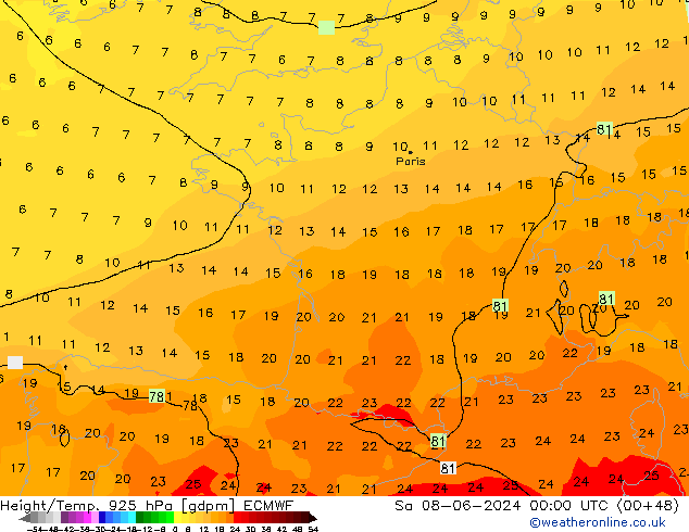 Height/Temp. 925 hPa ECMWF Sáb 08.06.2024 00 UTC