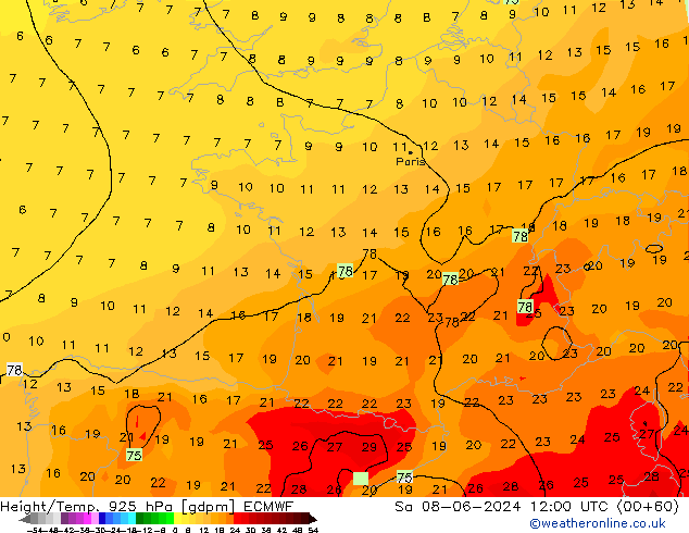 Hoogte/Temp. 925 hPa ECMWF za 08.06.2024 12 UTC