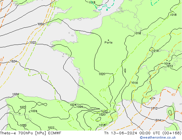 Theta-e 700hPa ECMWF czw. 13.06.2024 00 UTC