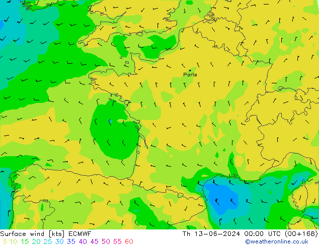 Vento 10 m ECMWF Qui 13.06.2024 00 UTC