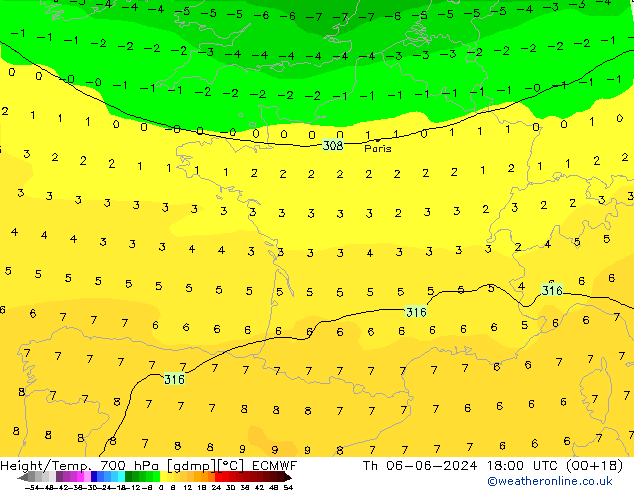 Hoogte/Temp. 700 hPa ECMWF do 06.06.2024 18 UTC