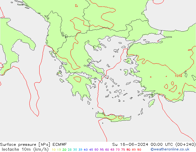 Isotachen (km/h) ECMWF So 16.06.2024 00 UTC