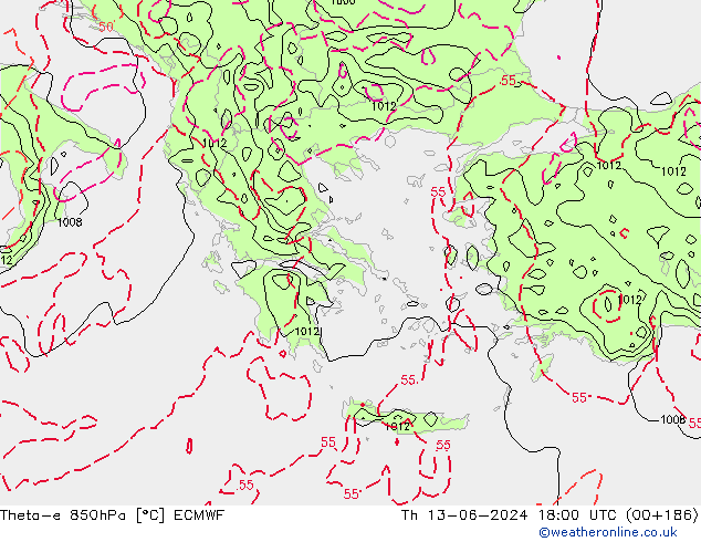 Theta-e 850hPa ECMWF do 13.06.2024 18 UTC