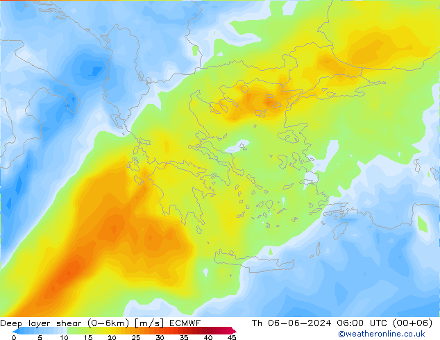 Deep layer shear (0-6km) ECMWF do 06.06.2024 06 UTC