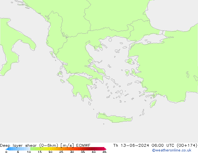 Deep layer shear (0-6km) ECMWF jue 13.06.2024 06 UTC