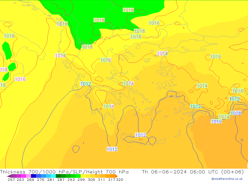 Thck 700-1000 hPa ECMWF Qui 06.06.2024 06 UTC