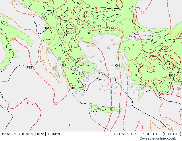 Theta-e 700hPa ECMWF Tu 11.06.2024 12 UTC