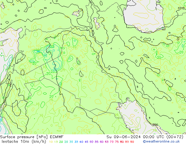 Eşrüzgar Hızları (km/sa) ECMWF Paz 09.06.2024 00 UTC