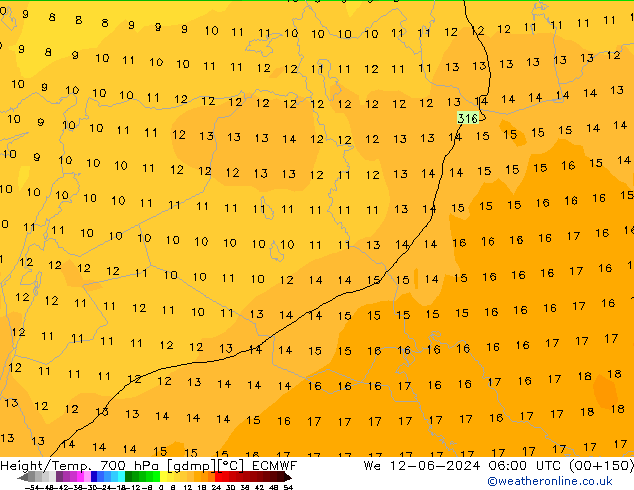 Height/Temp. 700 hPa ECMWF mer 12.06.2024 06 UTC