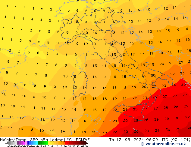 Height/Temp. 850 hPa ECMWF Qui 13.06.2024 06 UTC