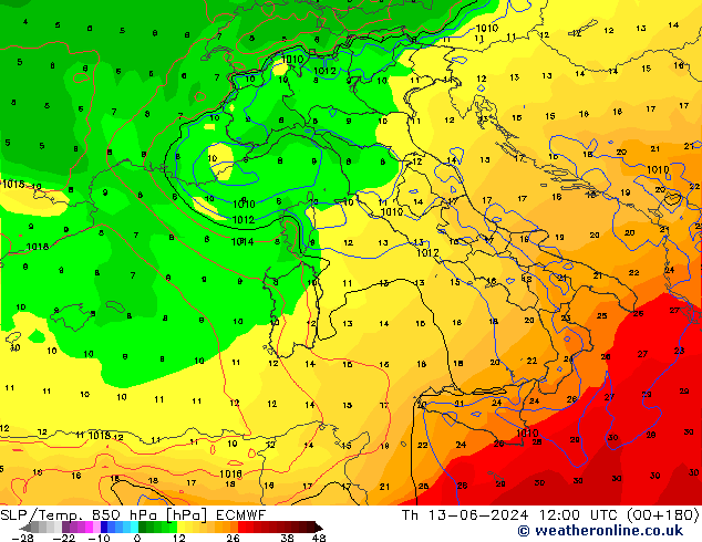 SLP/Temp. 850 hPa ECMWF Qui 13.06.2024 12 UTC