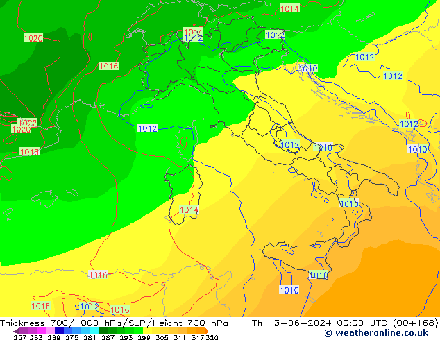 Thck 700-1000 hPa ECMWF Qui 13.06.2024 00 UTC