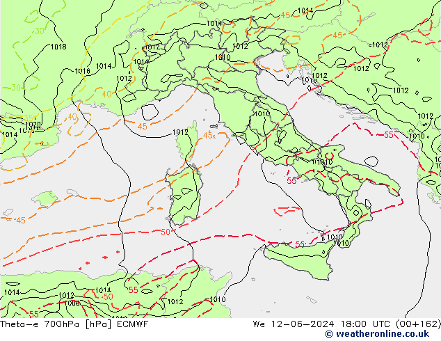 Theta-e 700hPa ECMWF Qua 12.06.2024 18 UTC