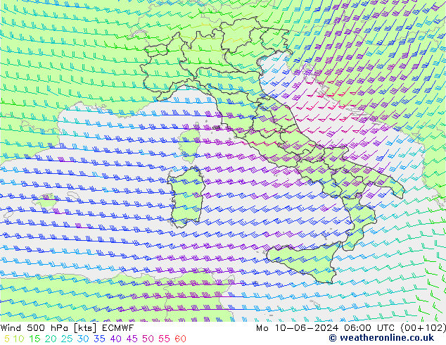 Vento 500 hPa ECMWF Seg 10.06.2024 06 UTC