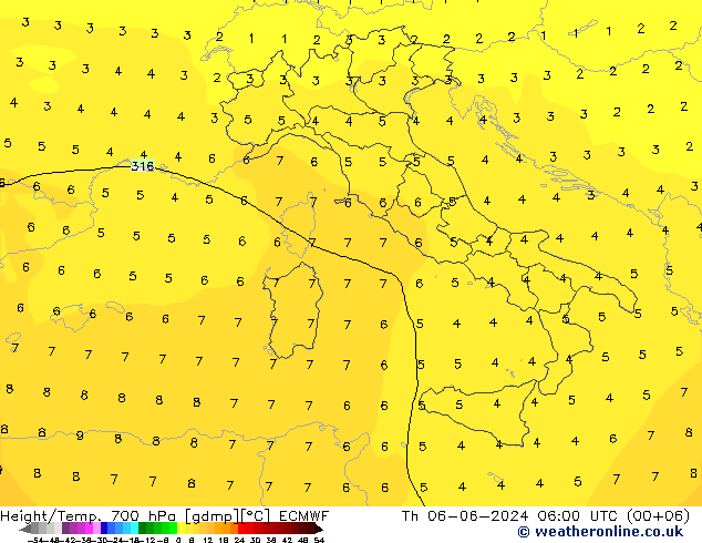 Height/Temp. 700 hPa ECMWF Čt 06.06.2024 06 UTC
