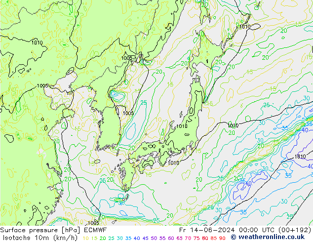 Isotaca (kph) ECMWF vie 14.06.2024 00 UTC