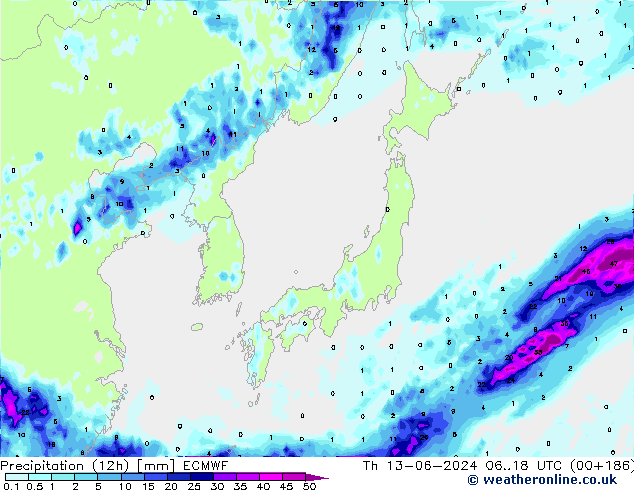 Totale neerslag (12h) ECMWF do 13.06.2024 18 UTC