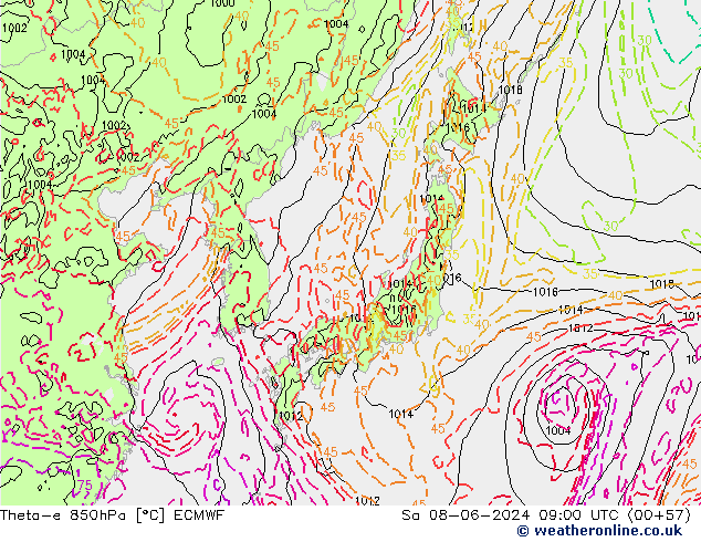 Theta-e 850hPa ECMWF sam 08.06.2024 09 UTC