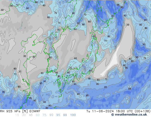 Humidité rel. 925 hPa ECMWF mar 11.06.2024 18 UTC