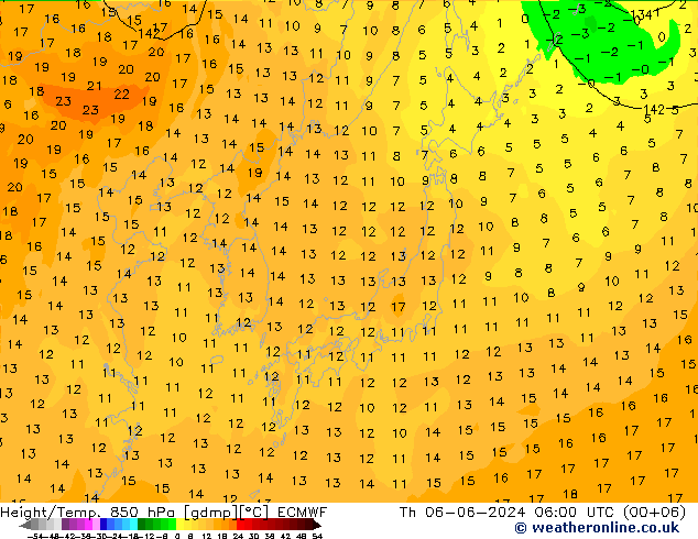 Height/Temp. 850 hPa ECMWF czw. 06.06.2024 06 UTC