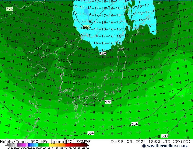 Hoogte/Temp. 500 hPa ECMWF zo 09.06.2024 18 UTC