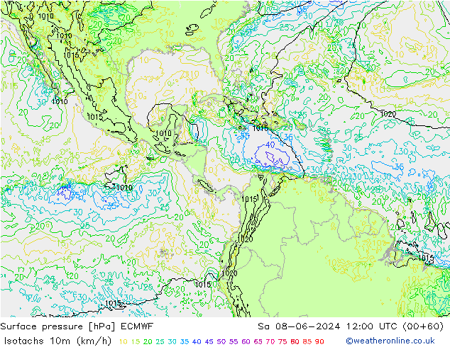 Isotachs (kph) ECMWF сб 08.06.2024 12 UTC