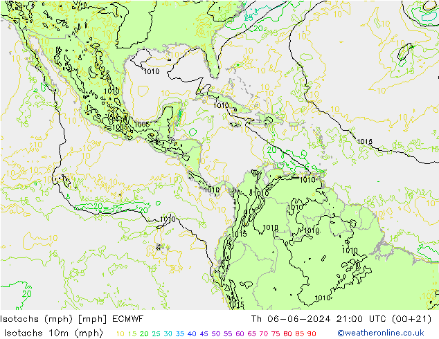 Isotachs (mph) ECMWF Th 06.06.2024 21 UTC